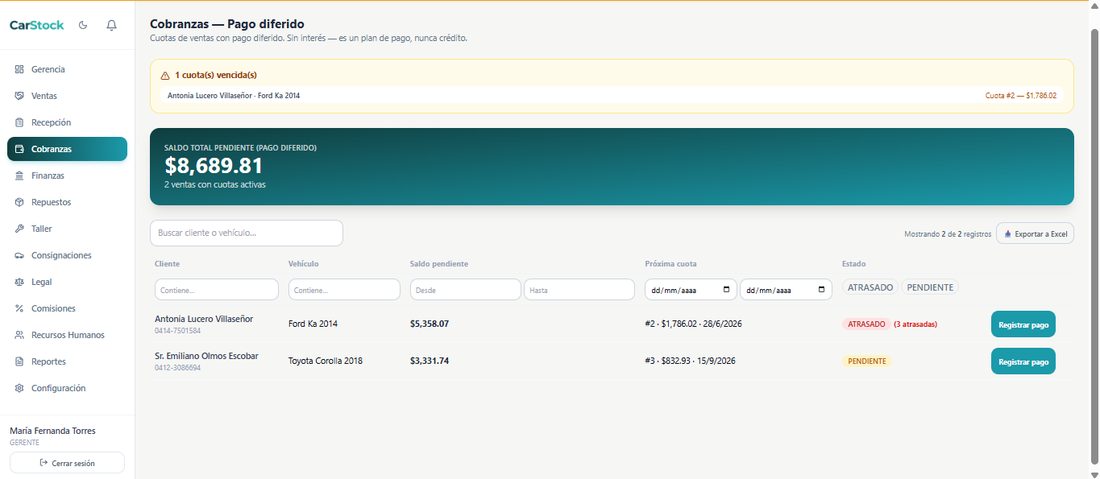 Módulo de Cobranzas de CarStock, con saldo pendiente y cuotas por cliente